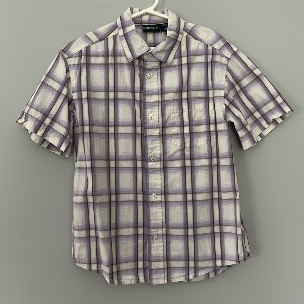 Cherokee Short Sleeve Button Down Plaid Collared Dress Shirt Size S 6/7